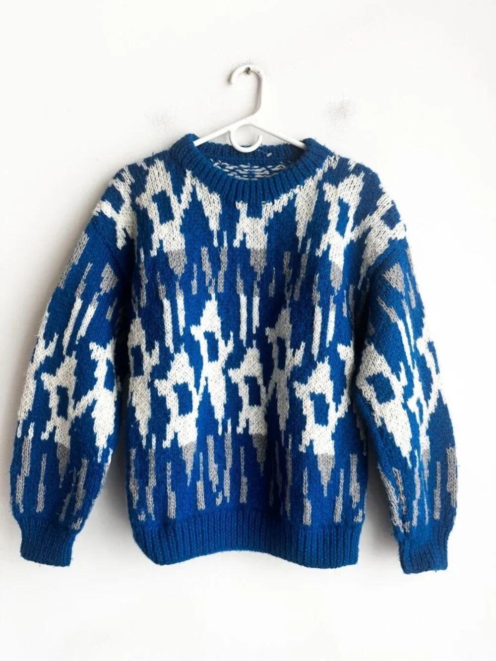 Vintage Wool Blend Blue Geometric Print Colourful Pullover S/M